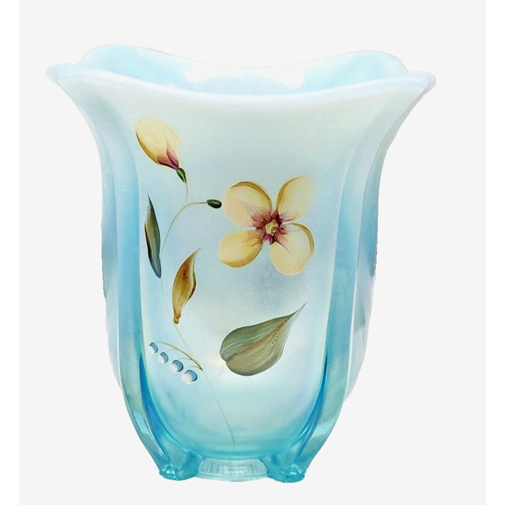 Fenton Hand Painted Iridescent Aqua Art Glass Vase 7 Inch Flowers Signed